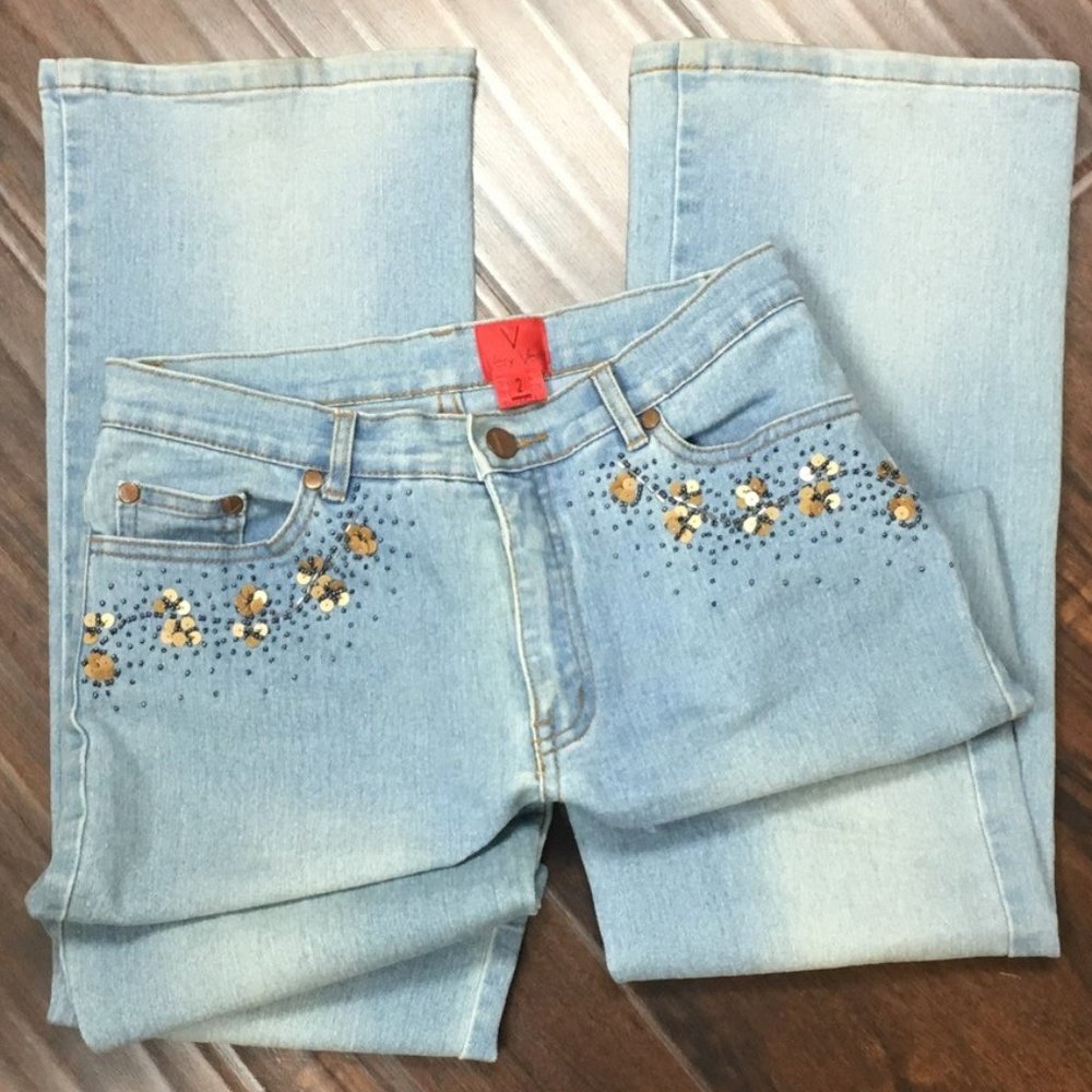 VeraWang-flower sequence/bead bootcut jeans-Sz 2